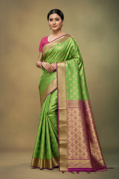 Vegan Silk Saree Apple Green Colour with Pink and Copper Border