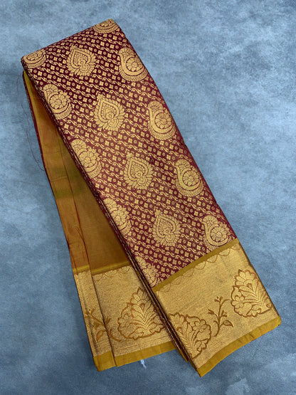 Vegan Silk Saree Maroon Colour with Golden Yellow Copper Border