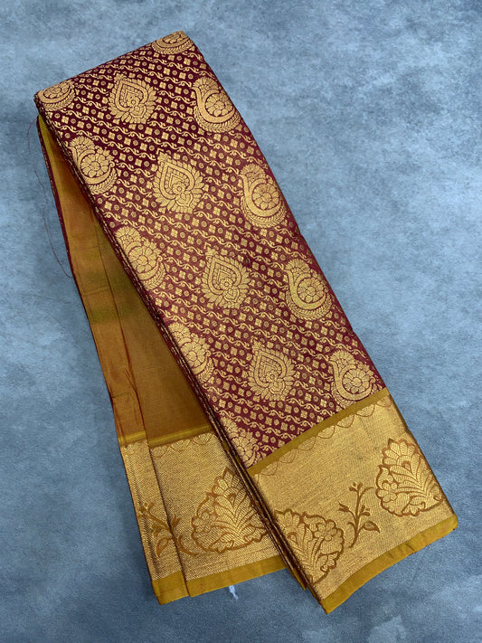 Vegan Silk Saree Maroon Colour with Golden Yellow Copper Border
