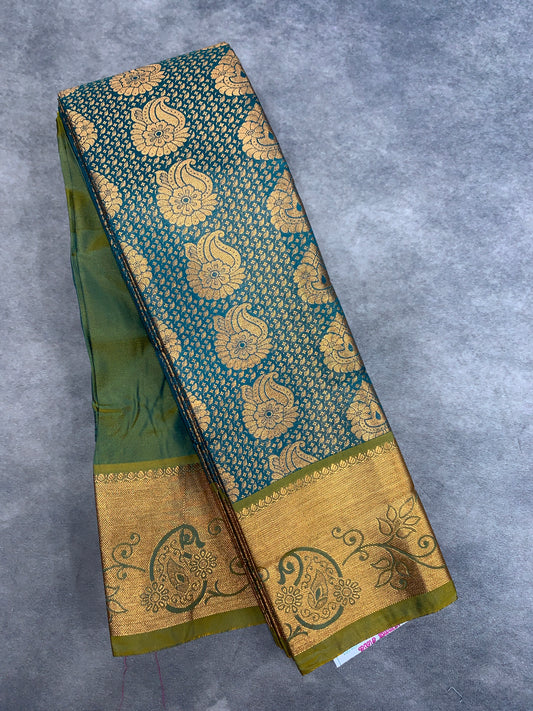 Vegan Silk Saree Peacock Green Colour with Olive Green and Copper Border