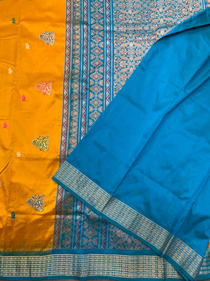 Pure Kanchipuram Silk Mustard Yellow Colour with Sky Blue Colour Thread Work Border