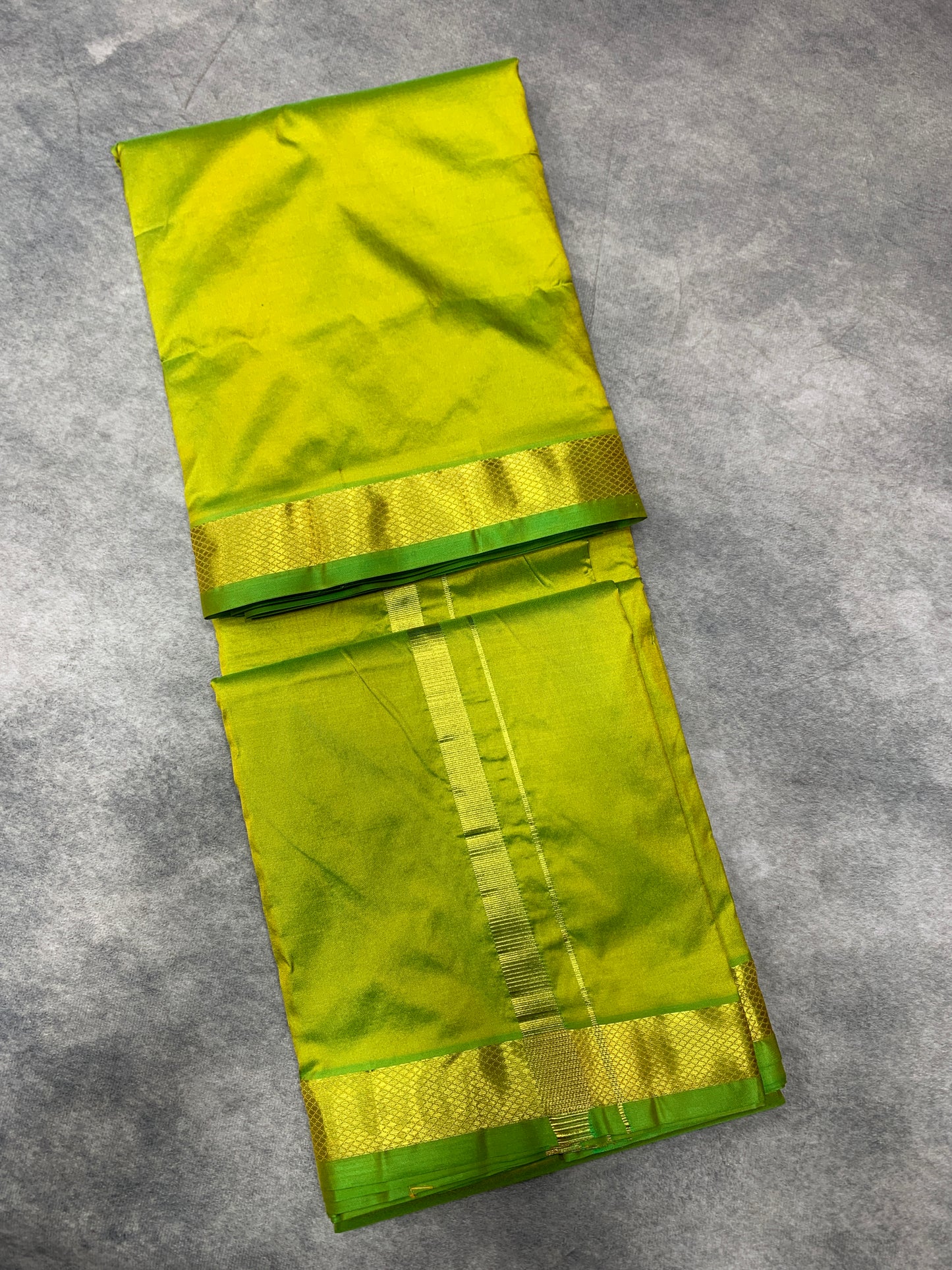 9X5 Pure Silk Dhoti Parrot green with Golden Zari Border