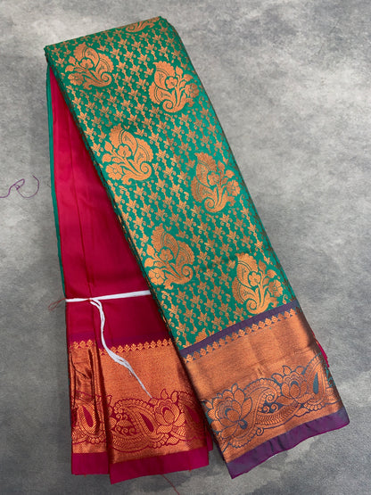Vegan Silk Saree Light Green Colour with Pink and Copper Border