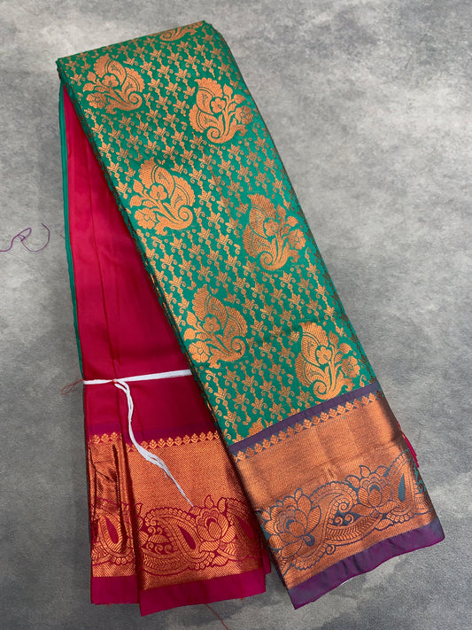 Vegan Silk Saree Light Green Colour with Pink and Copper Border