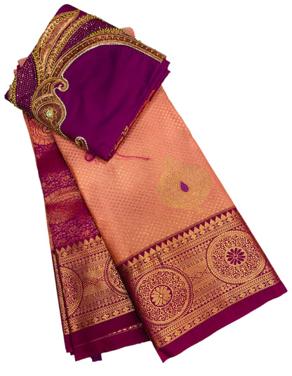 Bridal Vegan Silk Saree Peach Colour with Magenta Border with Unstitched blouse in Aari work