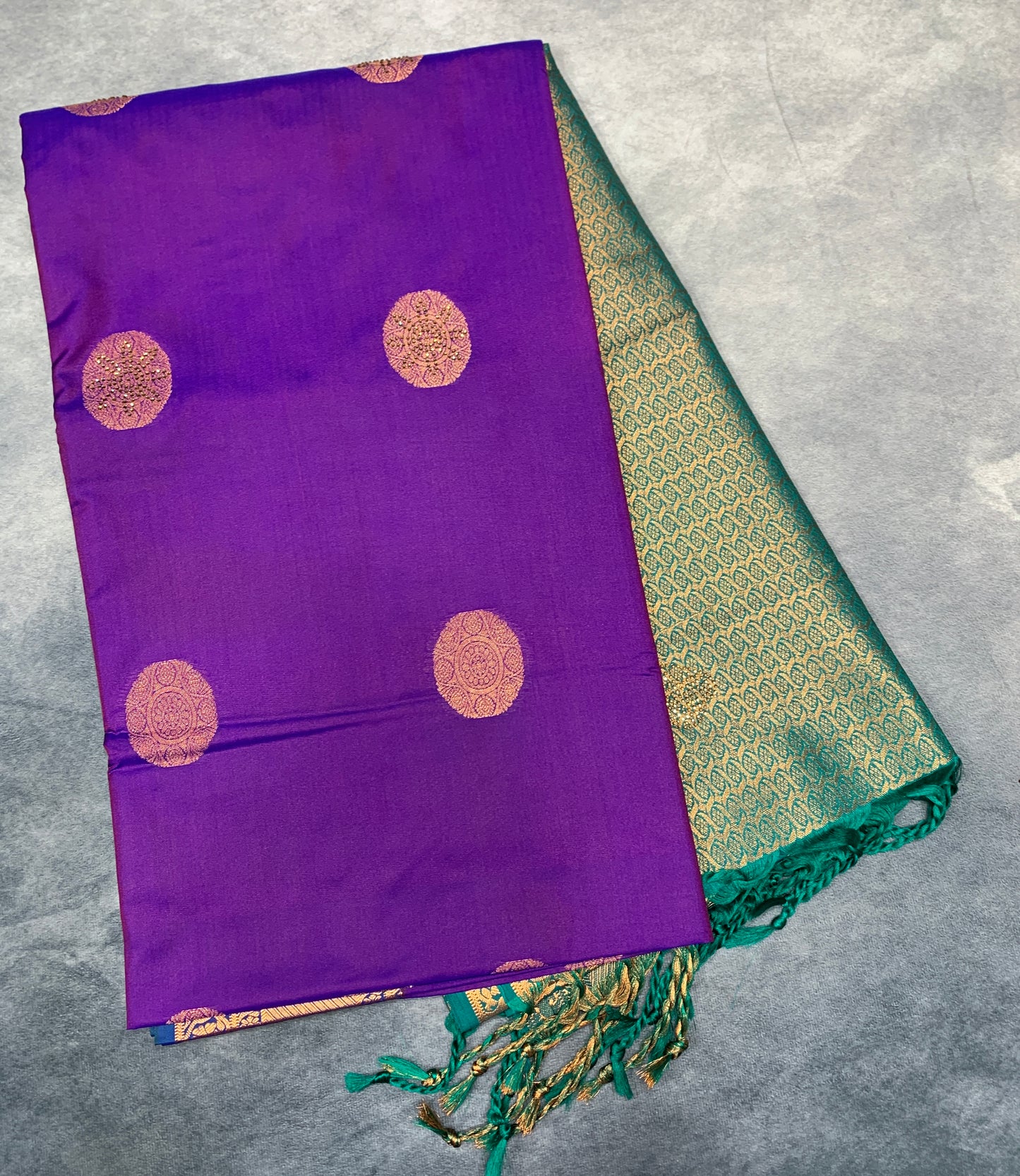 Soft Vegan Silk Saree Violet Colour with Green and Copper Border