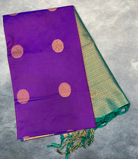 Soft Vegan Silk Saree Violet Colour with Green and Copper Border