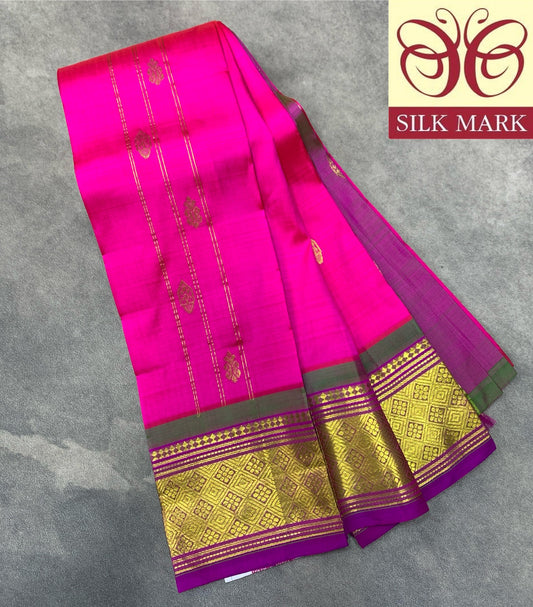 Pure Kanchipuram Silk Saree Pink Colour with Purple and Gold Zari Border