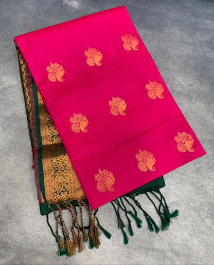 Soft Vegan Silk Saree Pink Colour with Green and Copper Border