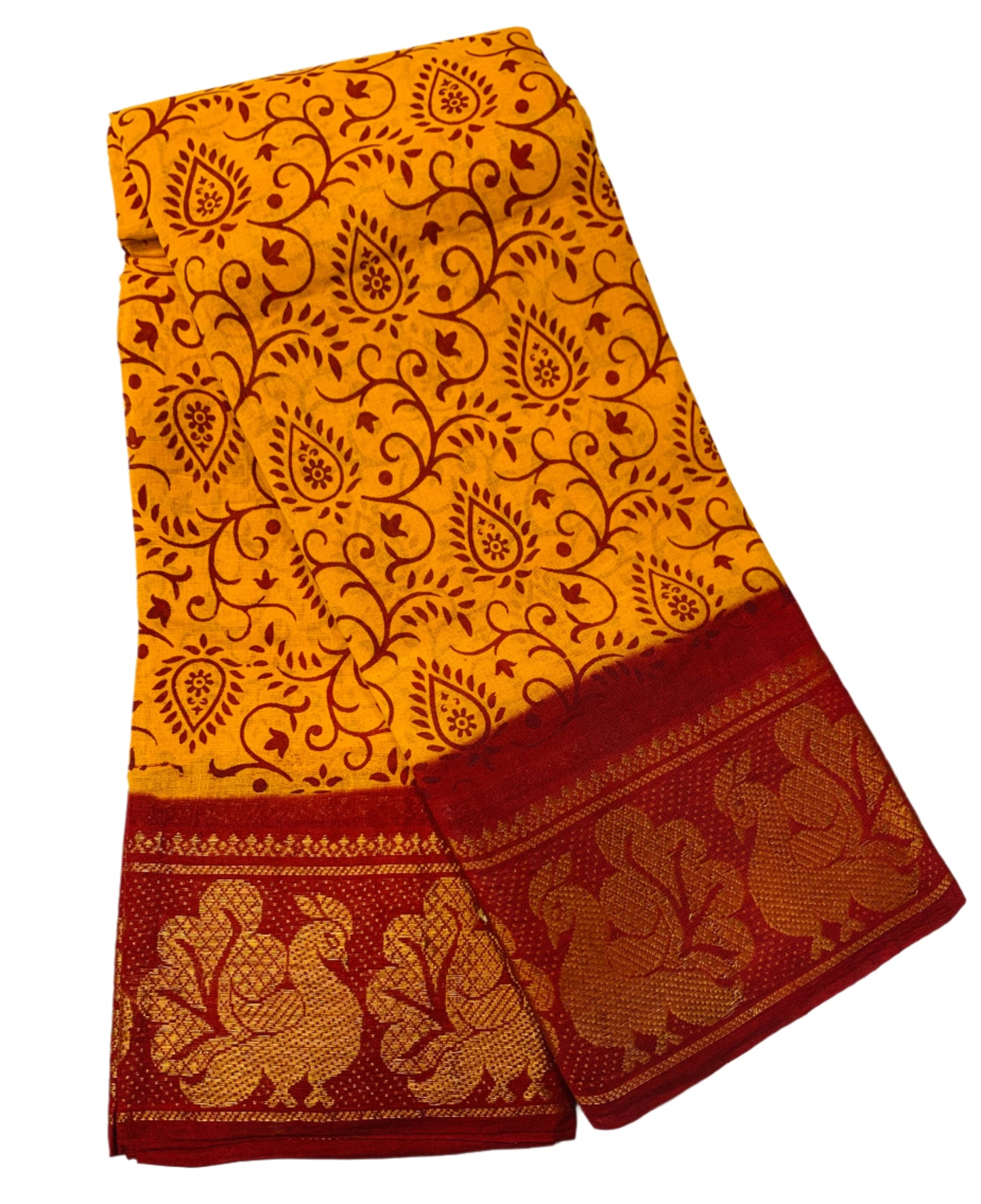 Chettinad Sungudi Cotton Mustard Colour with Maroon Border