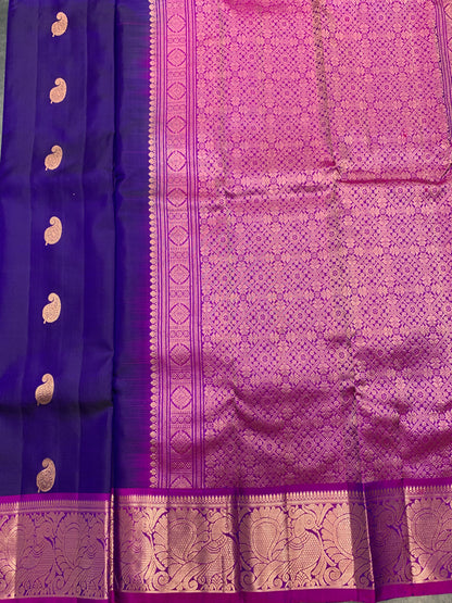 Pure Kanchipuram Silk Saree Blue Colour with Purple Border