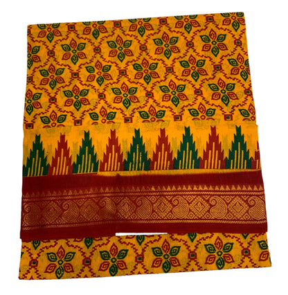 Chettinad Sungudi Cotton Yellow Colour with Maroon Border