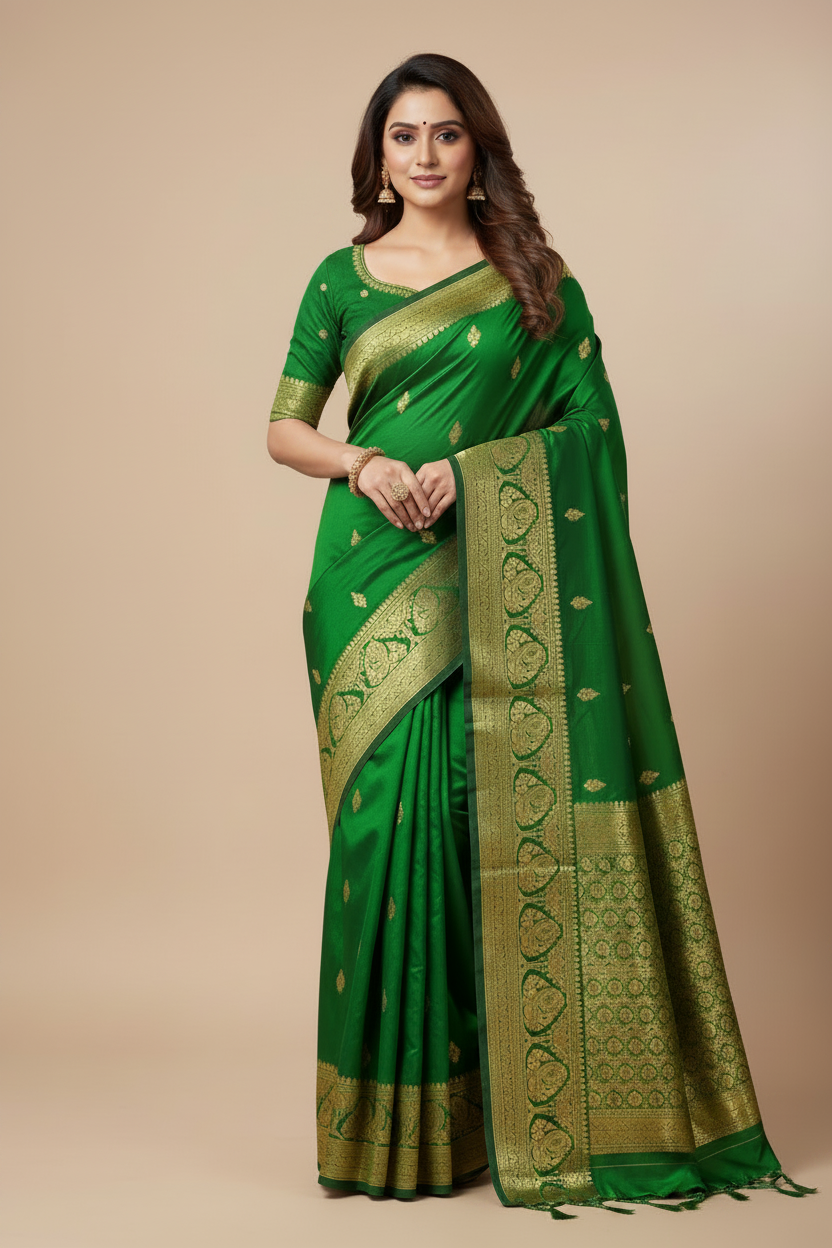 Pure Kanchipuram Silk Green Colour with Golden Border