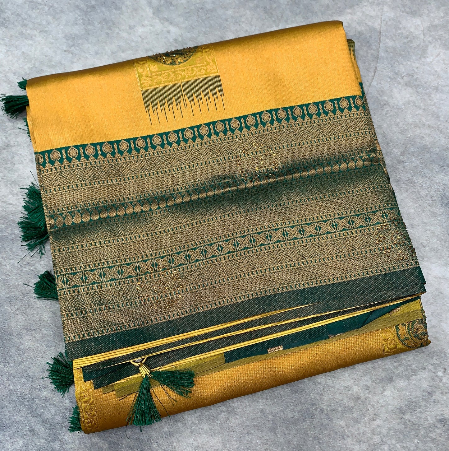 Art Silk Saree Mustard Colour and Stone Work with Green Border