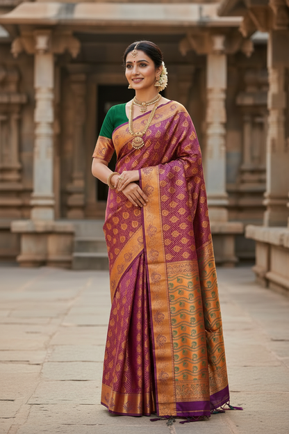 Vegan Silk Saree Magenta Colour with Green and Copper Border