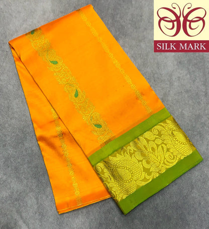 Mango Yellow Shade Pure Kanchipuram Kids Pattu Pavadai with Contrast Border for Newborn to 2 Years
