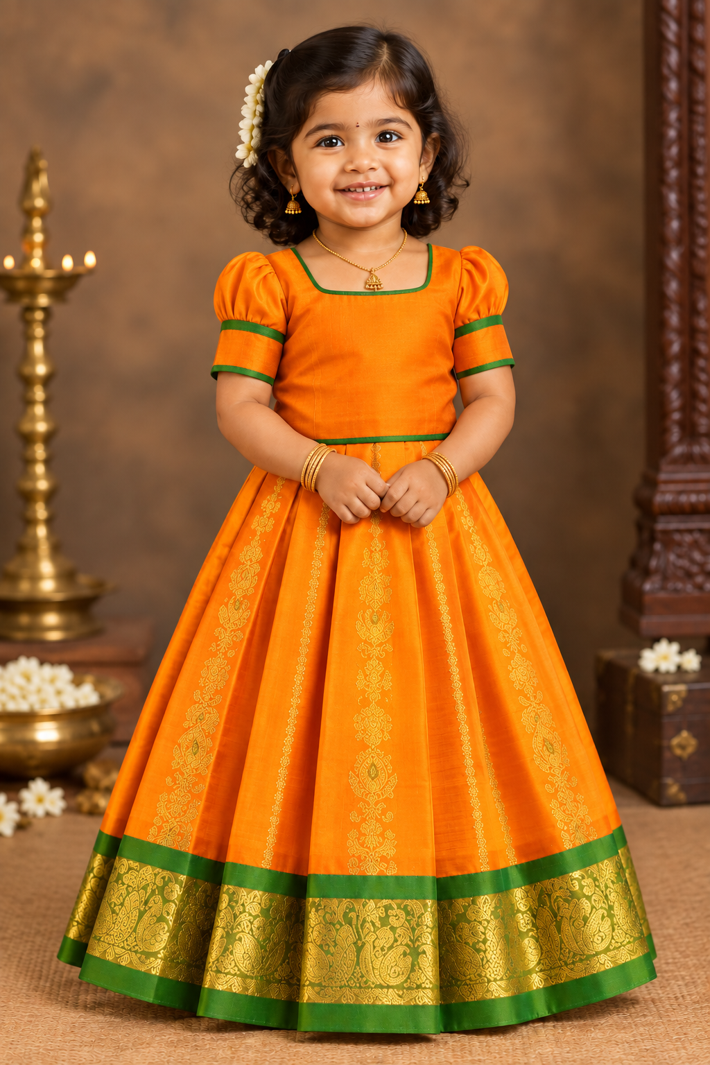 Mango Yellow Shade Pure Kanchipuram Kids Pattu Pavadai with Contrast Border for Newborn to 2 Years