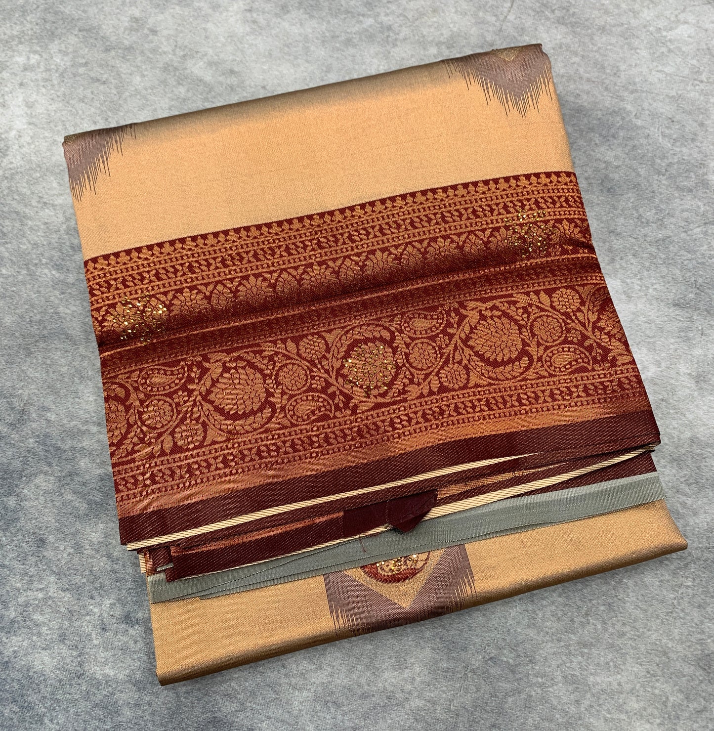 Art Silk Saree Sandal Colour and Stone Work with Brown Border