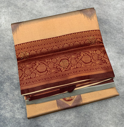 Art Silk Saree Sandal Colour and Stone Work with Brown Border