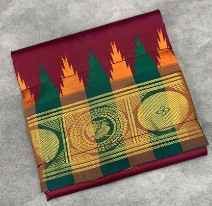 6 Mulam Silk Pooja Towel Maroon Colour with Ganga Jamuna Korvai Border