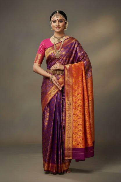 Vegan Silk Saree Violet Colour with Magenta and Copper Border