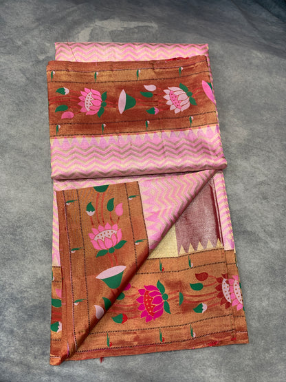 Paithani Pure Silk Saree Baby Pink Colour with Copper Colour and Floral Design (Pre Order Available)