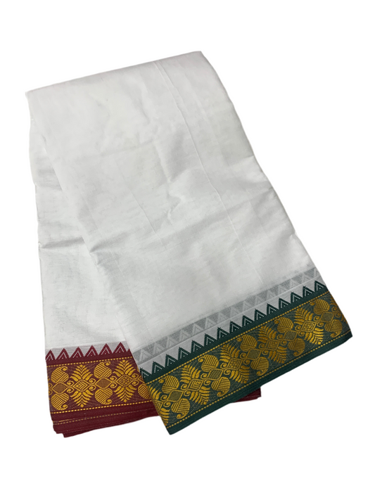9X5 Cotton Dhoti White Green and Maroon Border with Angavastram