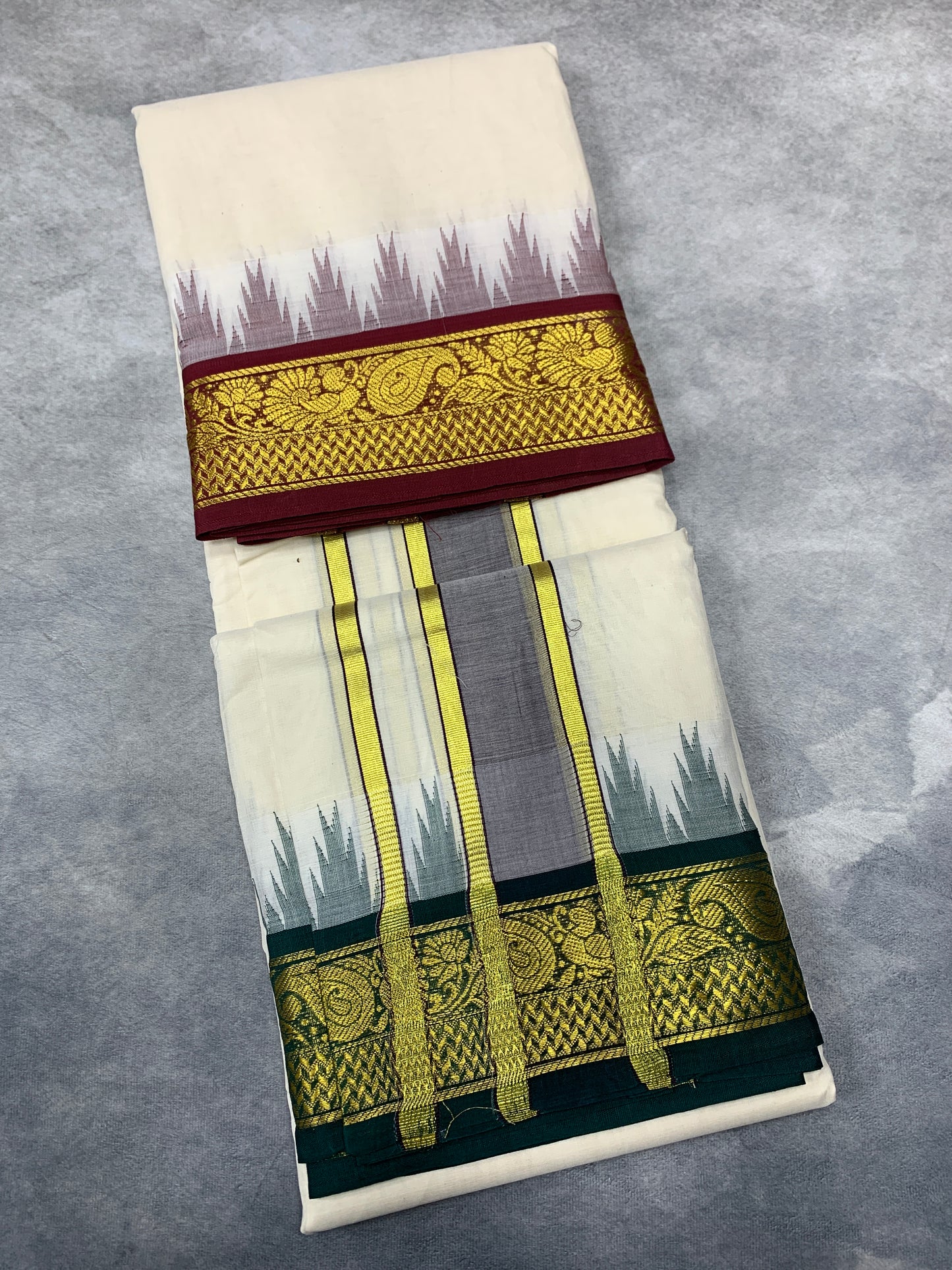 Korvai Cotton Dhoti Half White Colour with Maroon and Green Border