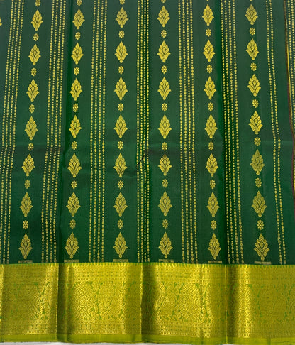 Green shade Pure kanchipuram Kids Pattu Pavadai with contrast border for newborn to 2 Years