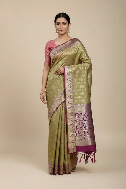 Vegan Silk Saree Golden Yellow Colour with Pink Border