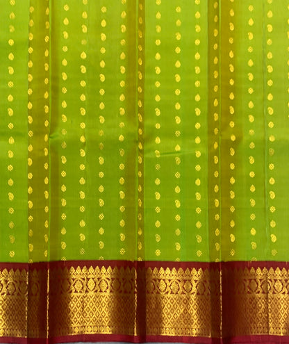 Lime Green Shade Pure Kanchipuram Kids Pattu Pavadai with Contrast Border for Newborn to 2 Years