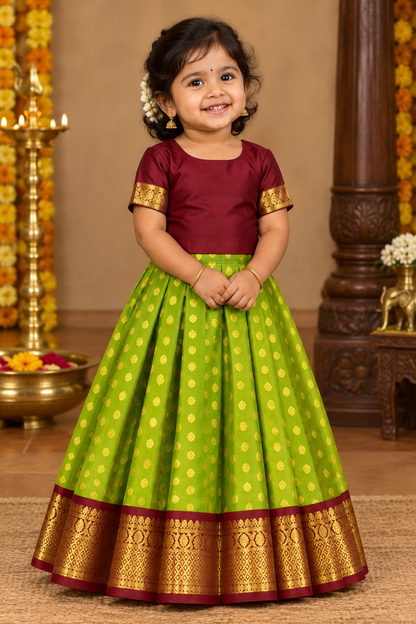 Lime Green Shade Pure Kanchipuram Kids Pattu Pavadai with Contrast Border for Newborn to 2 Years