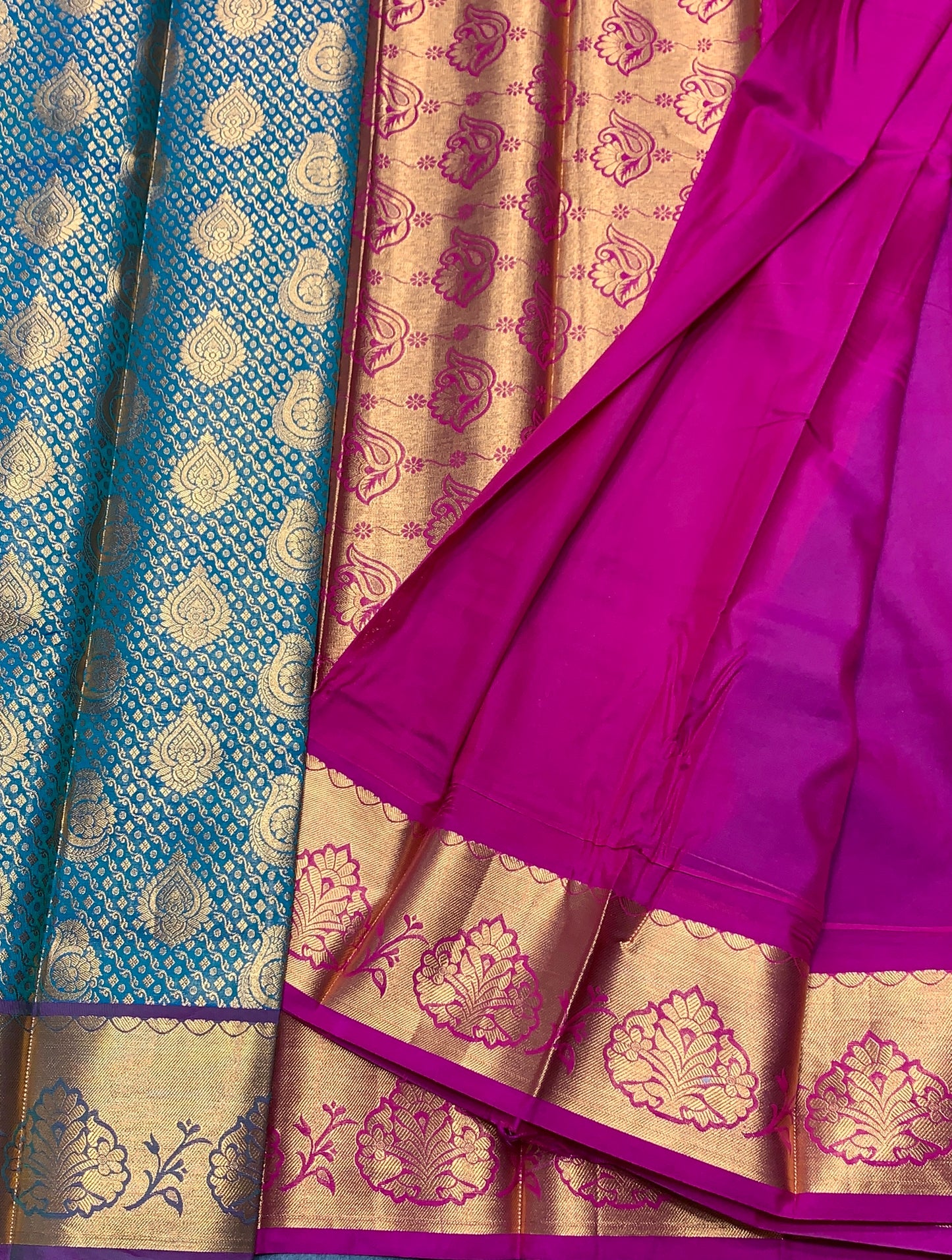 Vegan Silk Saree Peacock Green Colour with Pink and Copper Border