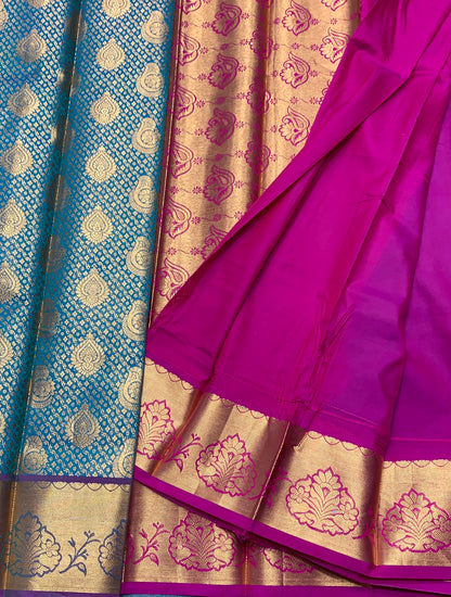 Vegan Silk Saree Peacock Green Colour with Pink and Copper Border