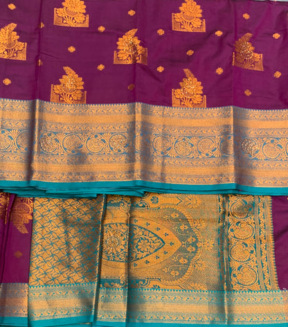 Soft Silk Casual Saree Magenta Colour with Rama Green and Golden Colour Border