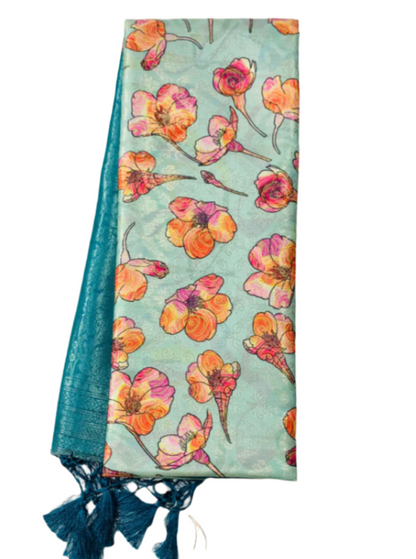 Tussar Colour Digital Print silk saree with Aqua Blue Border.