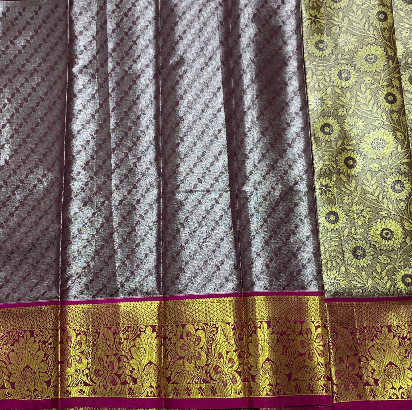 Golden Gray Shade Vegan Silk Kids Pattu Pavadai with Contrast Border for age 2 to 5