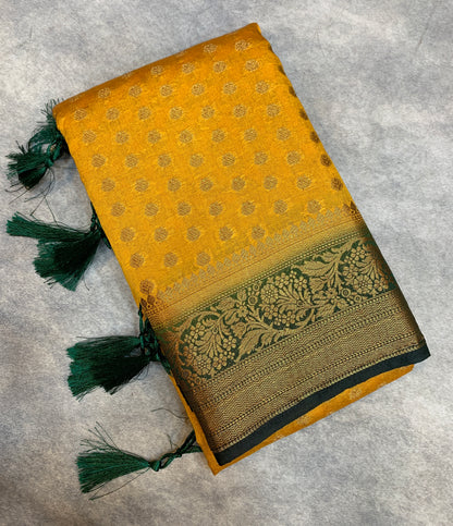 Crepe Saree Mustard Colour with Green Border