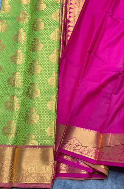 Vegan Silk Saree Apple Green Colour with Pink and Copper Border