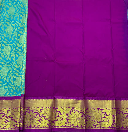 Sky Blue Shade Vegan Silk Kids Pattu Pavadai with Contrast Border for age 2 to 5