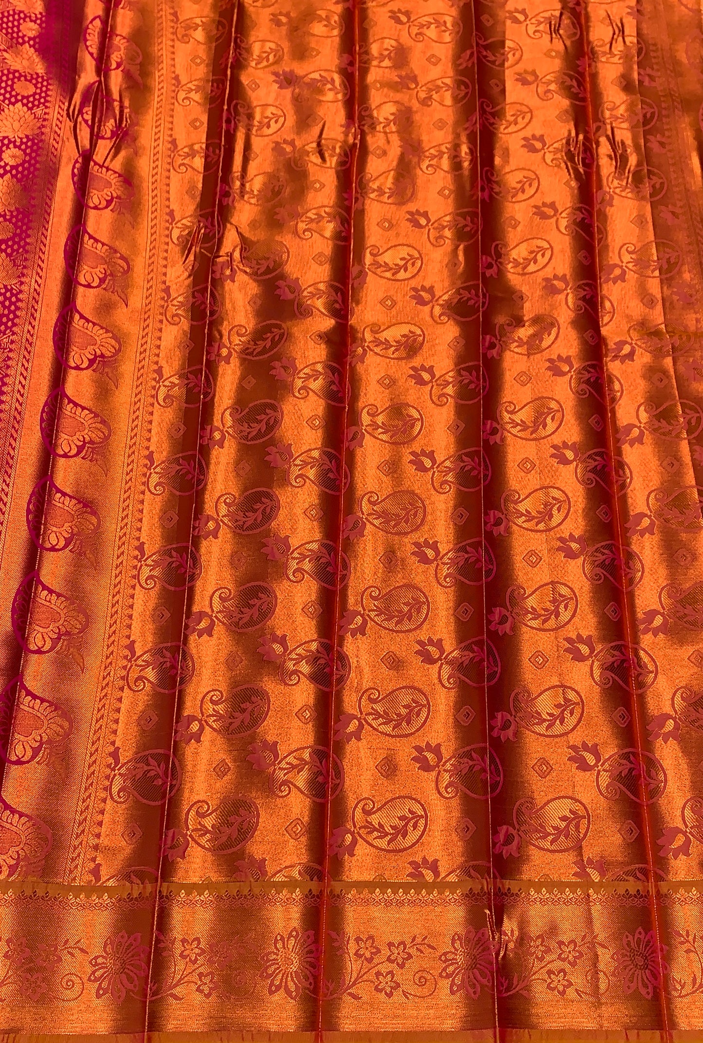 Vegan Silk Saree Pink Colour with Golden yellow and Copper Border