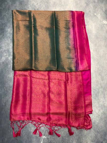 Soft Silk Saree Green Colour with Pink Colour Pallu
