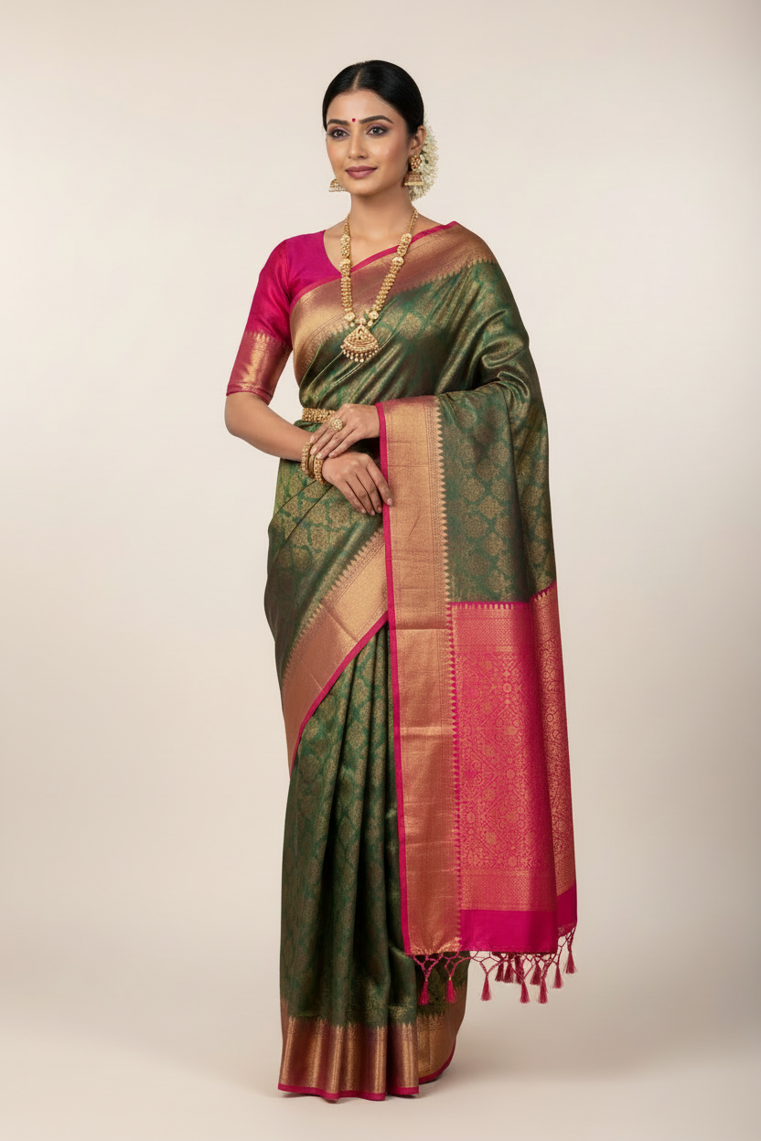 Soft Silk Saree Green Colour with Pink Colour Pallu
