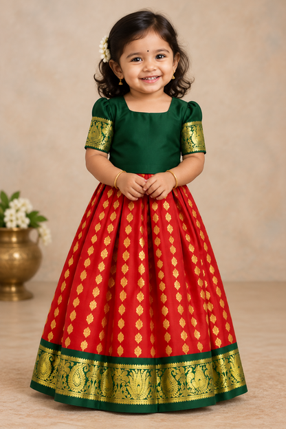 Red Shade Pure Kanchipuram Kids Pattu Pavadai with Contrast Border for age 2 to 5