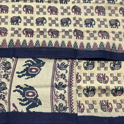 Chettinad Sungudi Cotton Sandal Colour with Navy Blue Colour Border