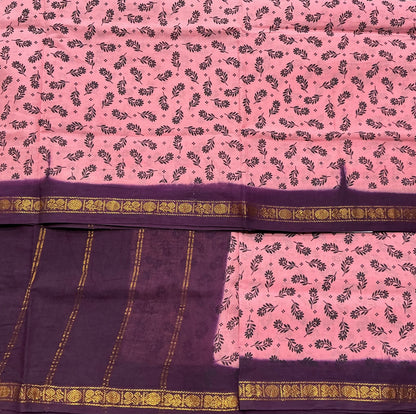 Chettinad Sungudi Cotton light Pink Colour with Brown Colour Border