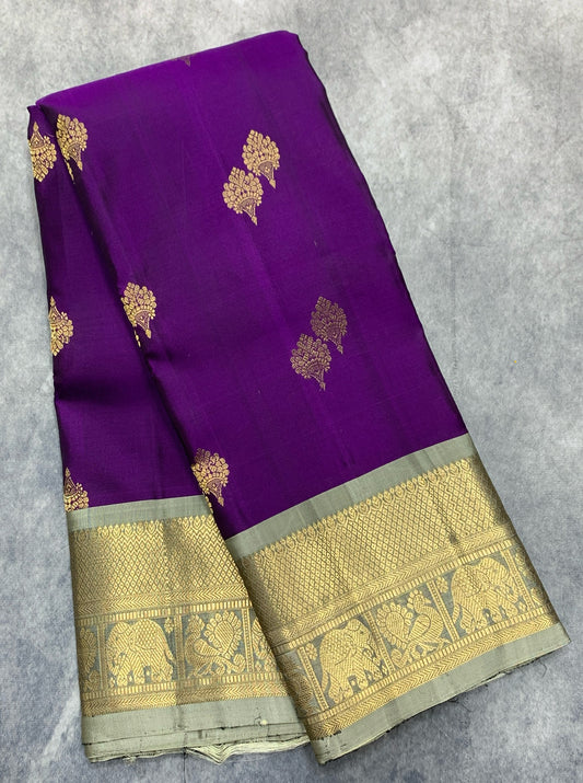 Pure Kanchipuram Silk Saree Dark Purple Colour with Biscuit Colour Border
