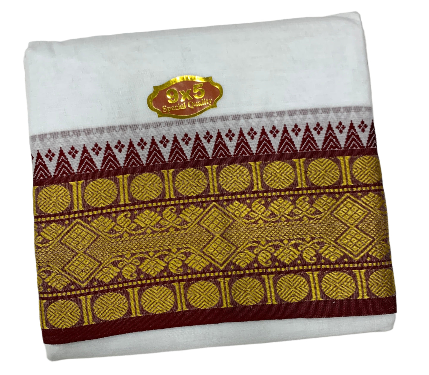 9X5 Cotton Dhoti White with Brown and Green Ganga Jamuna Border