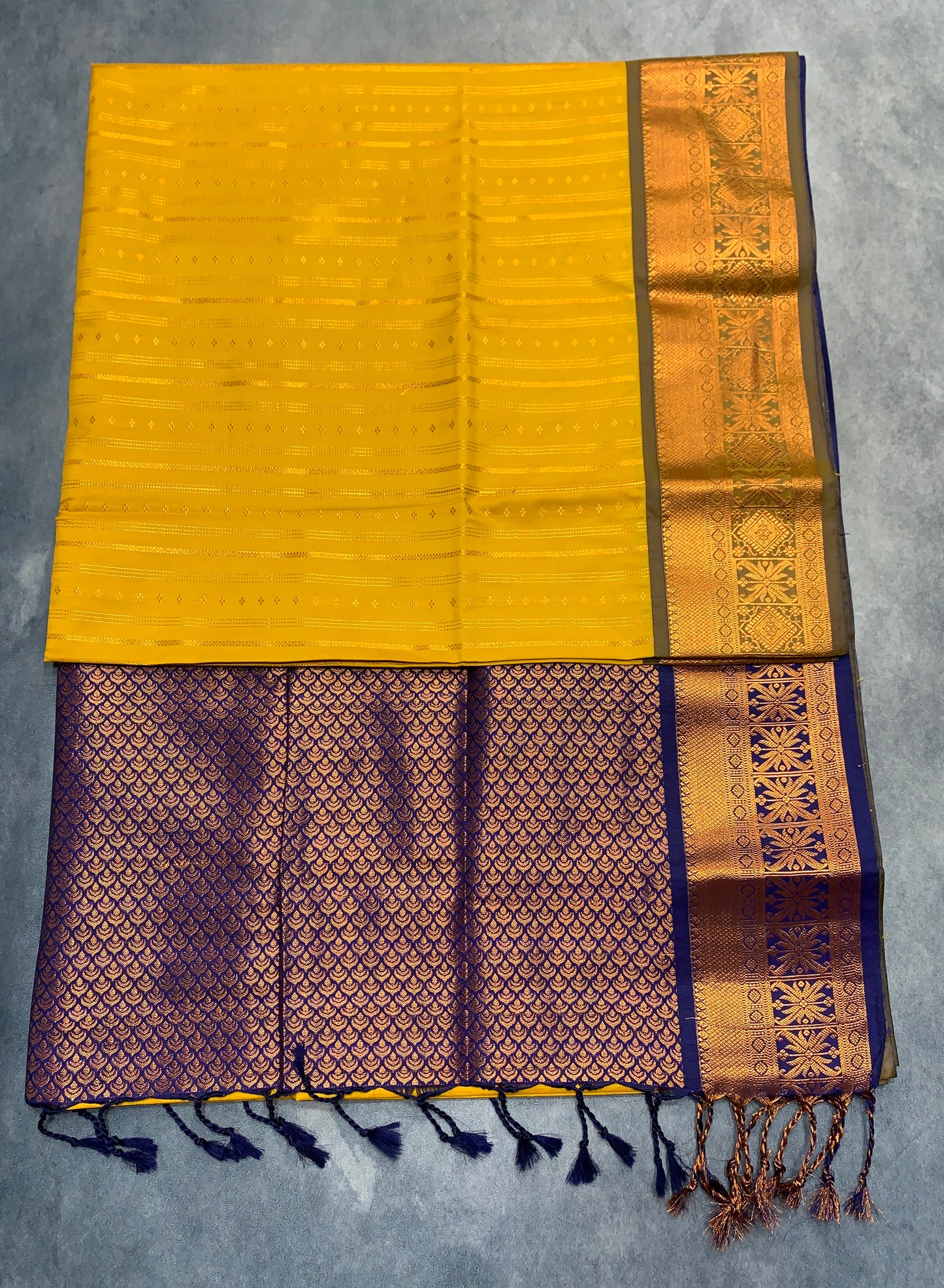 Soft Vegan Silk Saree Yellow Colour with Blue and Copper Border