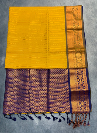 Soft Vegan Silk Saree Yellow Colour with Blue and Copper Border